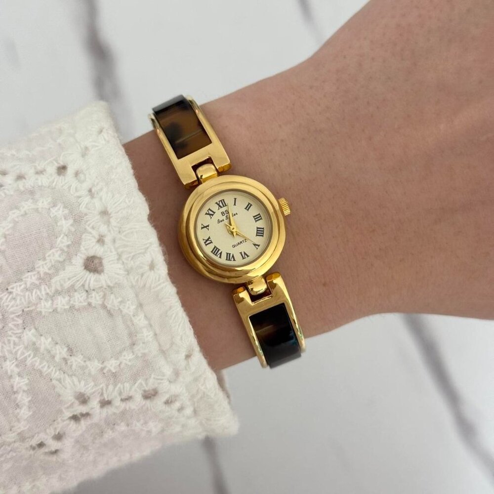 Sku:0188 cute gold mini watch bracelet with brown Inserts with marble pattern‎